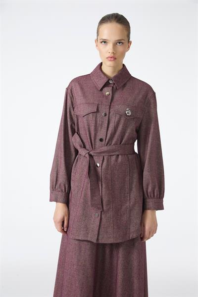 Broş Detaylı Kuşaklı Mürdüm Ceket C-0158