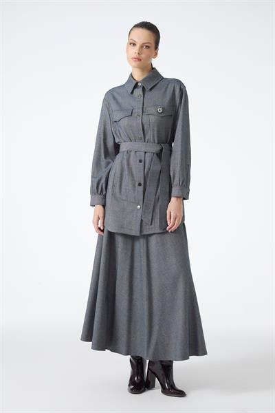 Broş Detaylı Kuşaklı İndigo Ceket C-0158