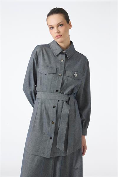 Broş Detaylı Kuşaklı İndigo Ceket C-0158