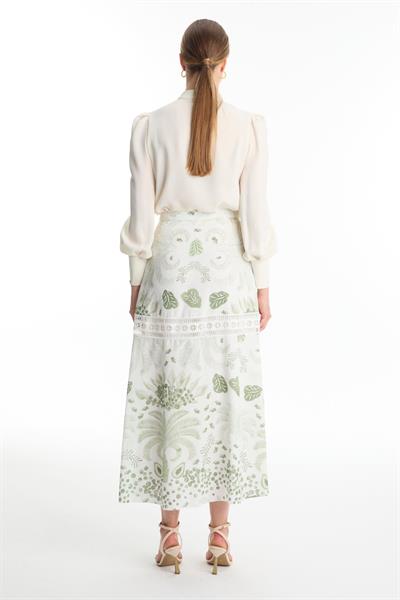 Şerit Detaylı Desenli Yeşil Etek ETK-0187