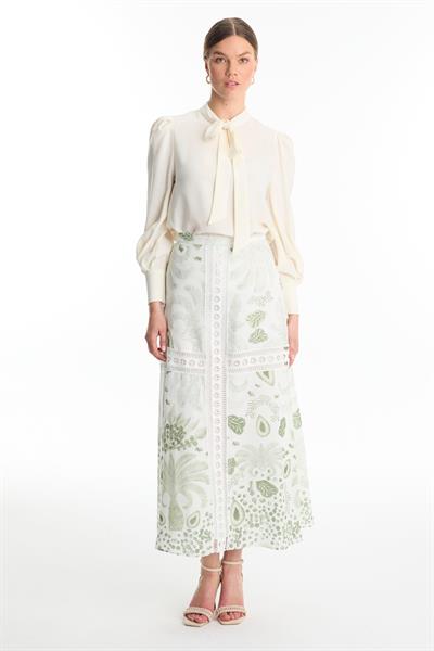 Şerit Detaylı Desenli Yeşil Etek ETK-0187