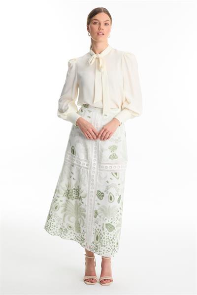 Şerit Detaylı Desenli Yeşil Etek ETK-0187