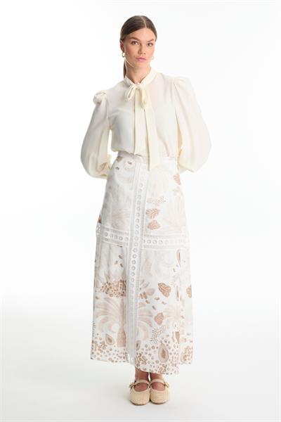 Şerit Detaylı Desenli Bej Etek ETK-0187