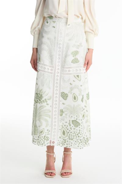 Şerit Detaylı Desenli Yeşil Etek ETK-0187