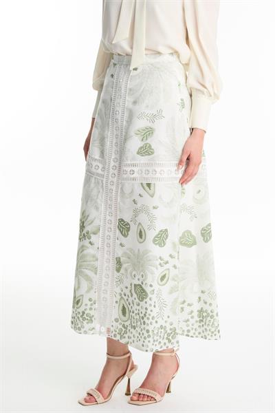 Şerit Detaylı Desenli Yeşil Etek ETK-0187