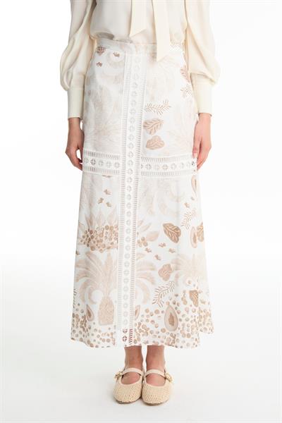 Şerit Detaylı Desenli Bej Etek ETK-0187