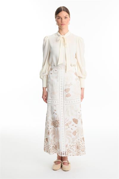 Şerit Detaylı Desenli Bej Etek ETK-0187