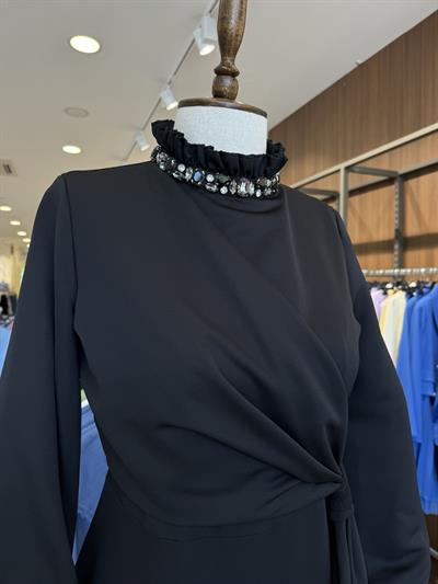 Yaka Taş Detaylı Siyah Abiye 0371