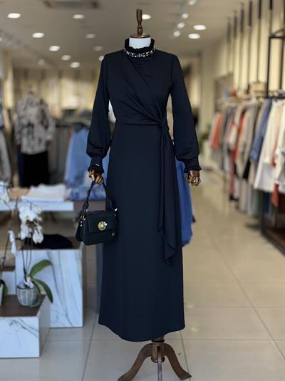 Yaka Taş Detaylı Siyah Abiye 0371