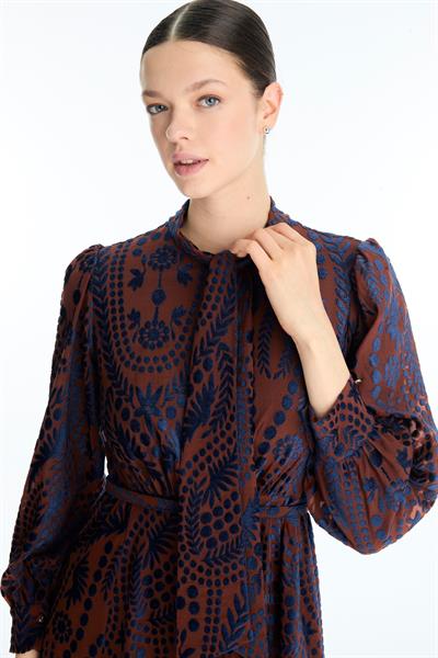 Desenli Fiyonk Yaka Detaylı Lacivert/Kiremit Elbise E-0536