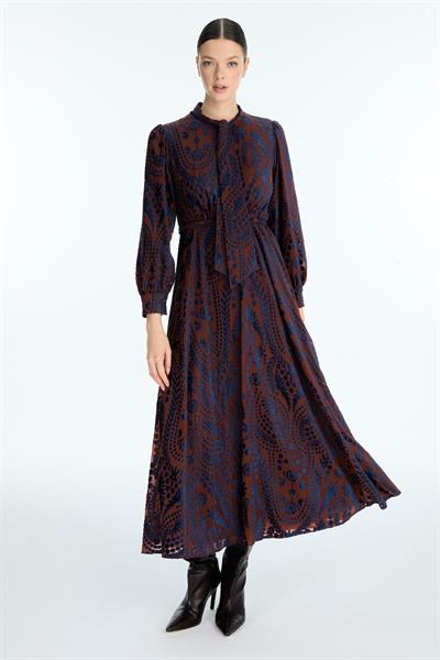 Desenli Fiyonk Yaka Detaylı Lacivert/Kiremit Elbise E-0536