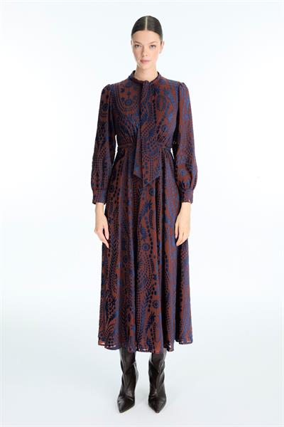 Desenli Fiyonk Yaka Detaylı Lacivert/Kiremit Elbise E-0536