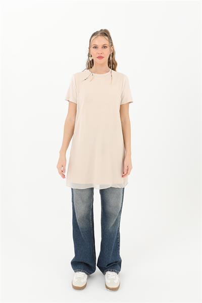 Kadın Basic Uzun T-Shirt Bej 10271