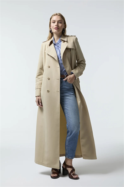 Kruvaze Yaka Tam Boy Bej Trençkot 12528