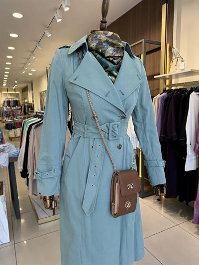 Kruvaze Yaka Beli Kuşaklı Uzun Çağla Trençkot 12528