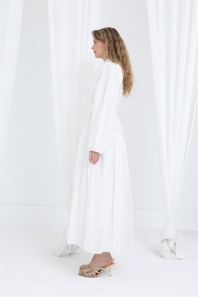 Kadın Kuşaklı Balon Kol Uzun Elbise Ekru 12628