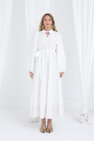 Kadın Kuşaklı Balon Kol Uzun Elbise Ekru 12628