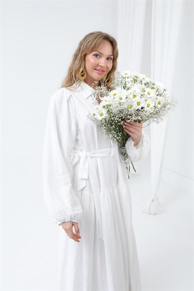 Kadın Kuşaklı Balon Kol Uzun Elbise Ekru 12628