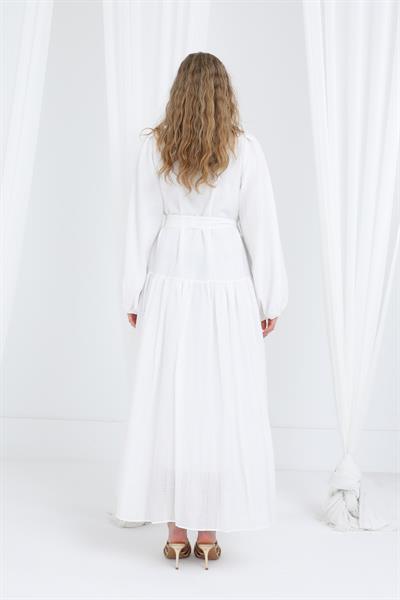 Kadın Kuşaklı Balon Kol Uzun Elbise Ekru 12628