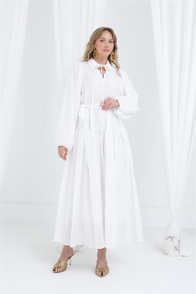 Kadın Kuşaklı Balon Kol Uzun Elbise Ekru 12628