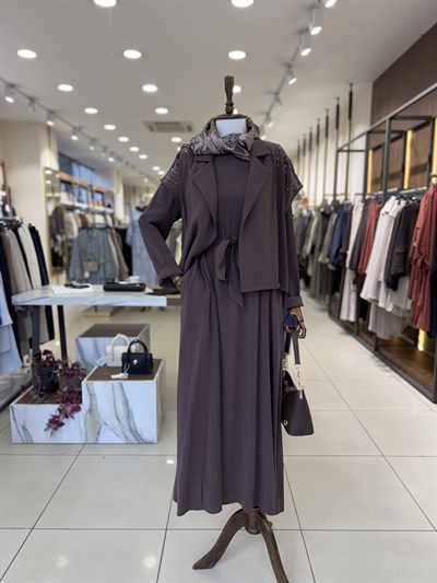 Taş İşlemeli Yelekli Takım Kahve 12683