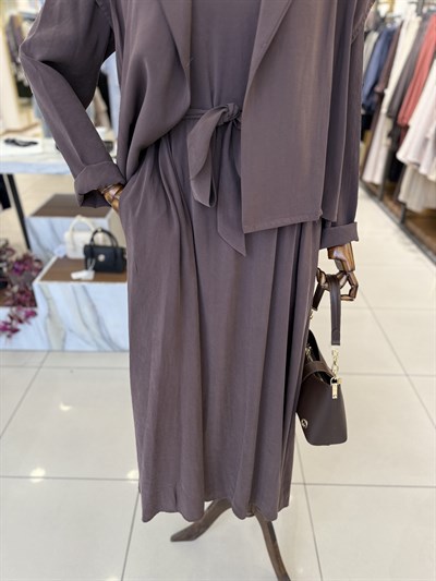 Taş İşlemeli Yelekli Takım Kahve 12683