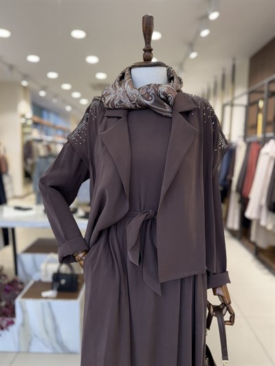 Taş İşlemeli Yelekli Takım Kahve 12683