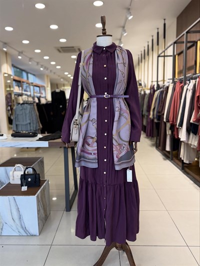 Pile Detaylı Mor Elbise 12688