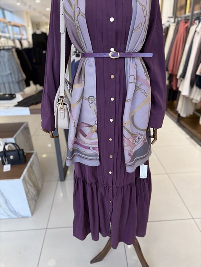 Pile Detaylı Mor Elbise 12688
