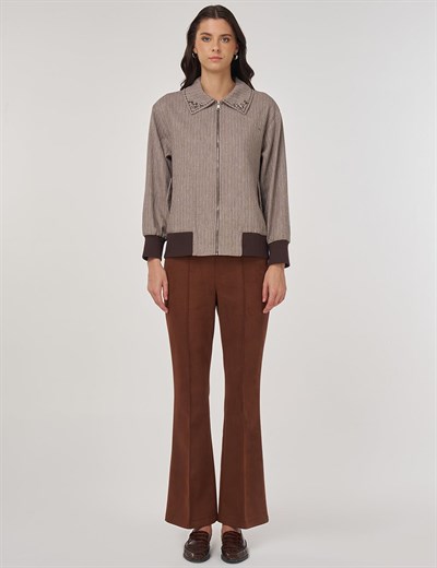 Yakası İşlemeli Pamuk Keten Ceket Vizon 13027