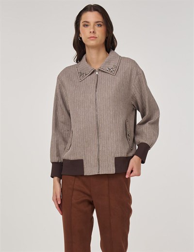 Yakası İşlemeli Pamuk Keten Ceket Vizon 13027