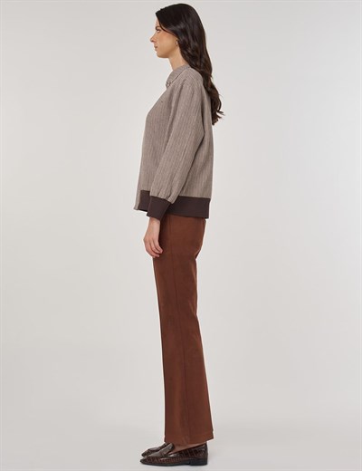 Yakası İşlemeli Pamuk Keten Ceket Vizon 13027