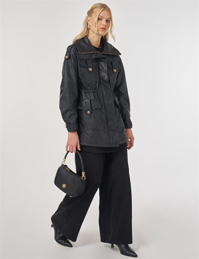 Geniş Yaka Suni Deri Ceket Siyah 13113