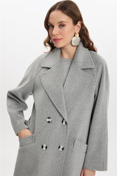 Kruvaze Yaka Cep Detaylı Kaşe Gri Kaban 13300