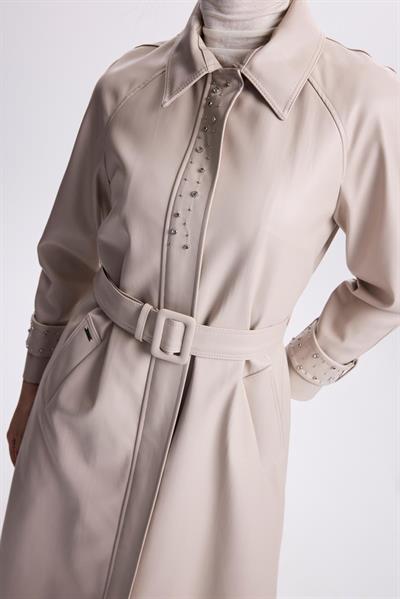 Kol Detaylı Kemerli Deri Taş Trençkot 13518