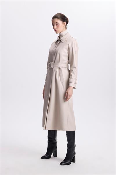 Kol Detaylı Kemerli Deri Taş Trençkot 13518