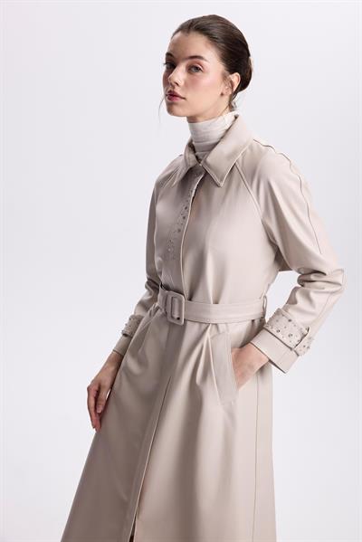 Kol Detaylı Kemerli Deri Taş Trençkot 13518