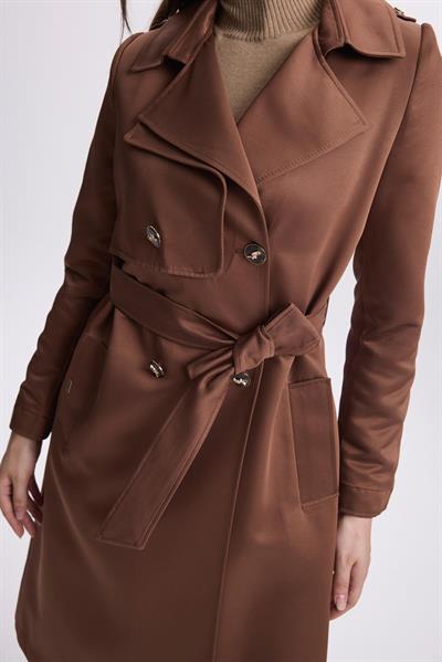 Kruvaze Yaka Düğme Detaylı Kahve Trençkot 13548