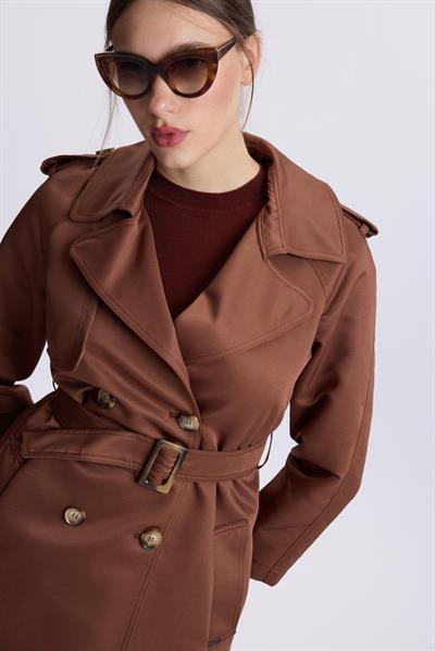 Omuz Apoletli Sırt Detaylı Kahve Trençkot 13563
