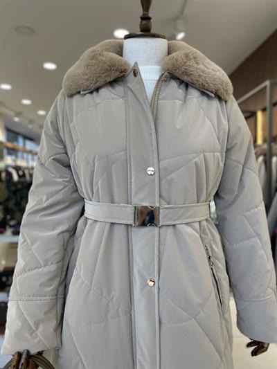 Yaka Kürk Detaylı Fermuarlı  Bej Mont 13581