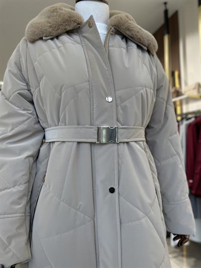 Yaka Kürk Detaylı Fermuarlı  Bej Mont 13581