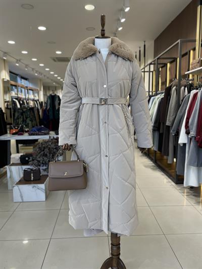 Yaka Kürk Detaylı Fermuarlı  Bej Mont 13581