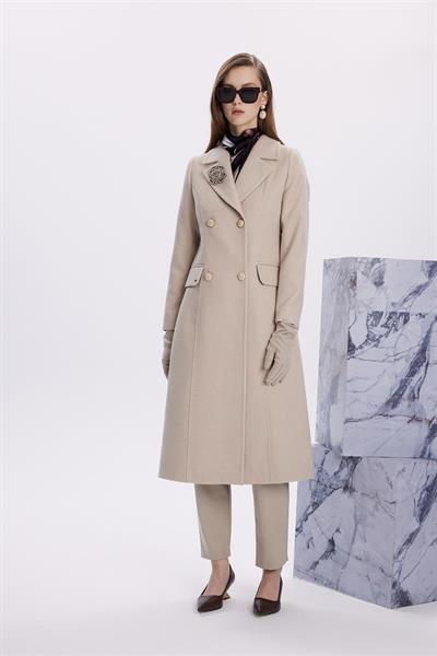 Kruvaze Yaka Aksesuar Detaylı Latte Kaşe Kaban 13613