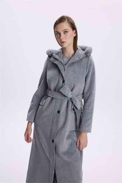 Kapüşonlu Kürk Detaylı Gri Kaban 13645