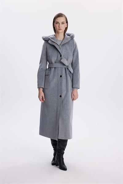 Kapüşonlu Kürk Detaylı Gri Kaban 13645