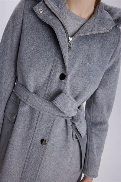 Kapüşonlu Kürk Detaylı Gri Kaban 13645