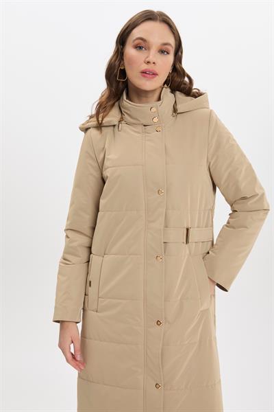 Kapüşonlu Düğme Detaylı Bej Mont 13691