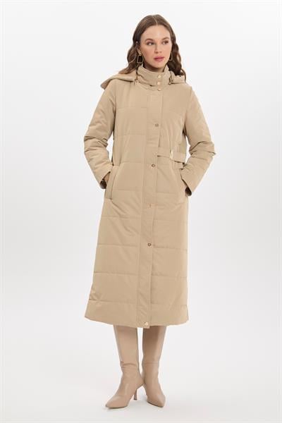 Kapüşonlu Düğme Detaylı Bej Mont 13691