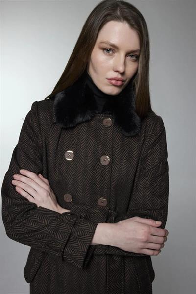 Kürk Yaka Cep Detaylı Kahve Manto 13902