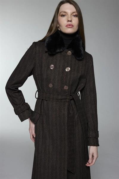 Kürk Yaka Cep Detaylı Kahve Manto 13902